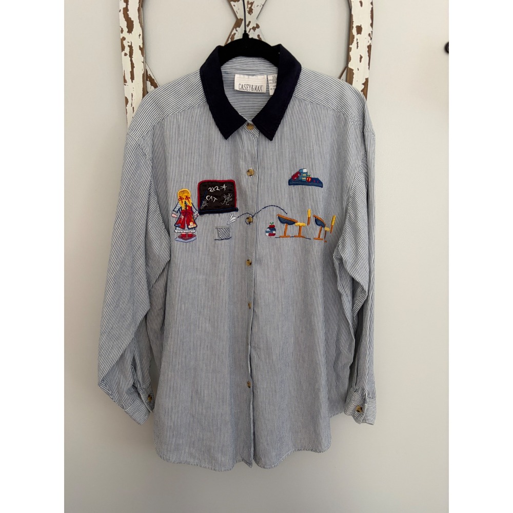 Vtg Casey & Max School Teacher Desk Math Shirt Womens XL Blue Stripe Button Up
